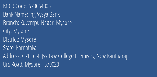 Ing Vysya Bank Kuvempu Nagar Mysore MICR Code