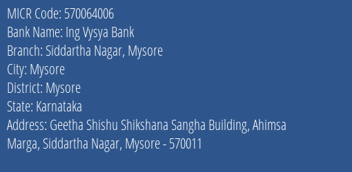 Ing Vysya Bank Siddartha Nagar Mysore MICR Code