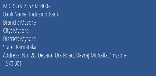 Indusind Bank Mysore MICR Code