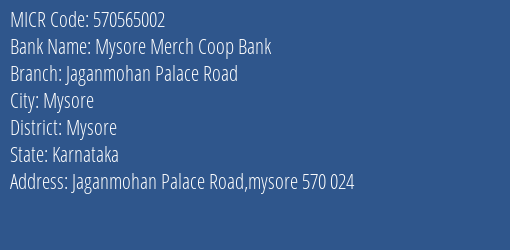 Mysore Merch Coop Bank Jaganmohan Palace Road MICR Code