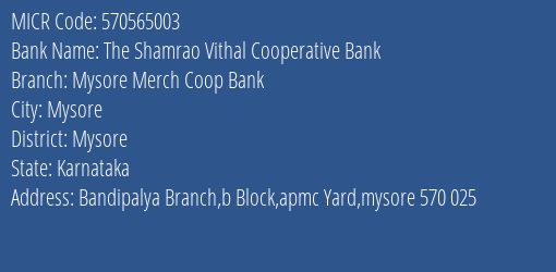 The Shamrao Vithal Cooperative Bank Mysore Merch Coop Bank MICR Code