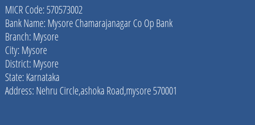 Mysore Chamarajanagar Co Op Bank Mysore MICR Code