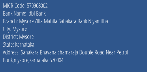 Mysore Zilla Mahila Sahakara Bank Niyamitha Mysore MICR Code