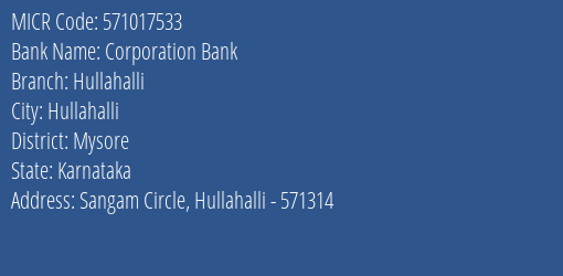 Corporation Bank Hullahalli MICR Code