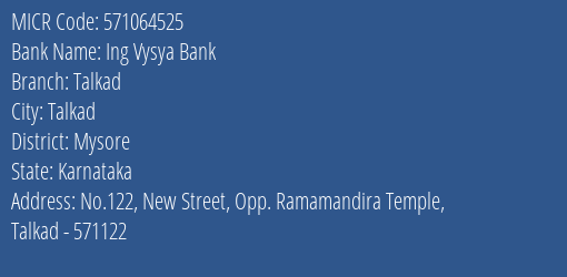 Ing Vysya Bank Talkad MICR Code
