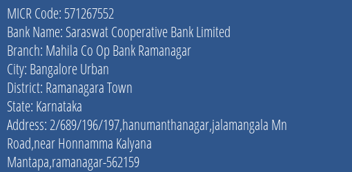 Mahila Co Op Bank Ramanagar MICR Code