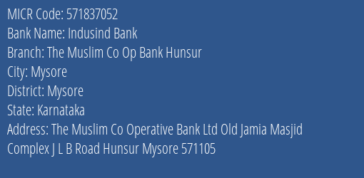 The Muslim Co Op Bank Hunsur MICR Code