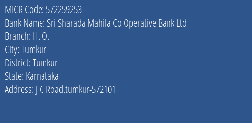 Sri Sharada Mahila Co Operative Bank Ltd H. O. MICR Code