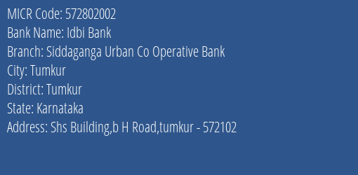 Siddaganga Urban Co Operative Bank Tumkur MICR Code