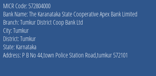 Tumkur District Coop Bank Ltd Tumkur MICR Code