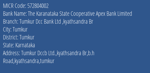 Tumkur District Coop Bank Ltd Kyathsandra Br MICR Code