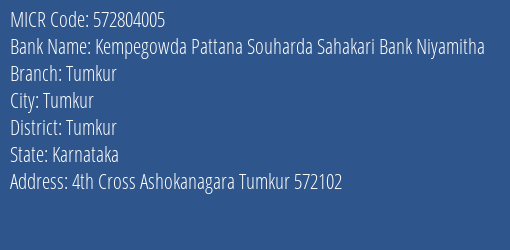 Kempegowda Pattana Souharda Sahakari Bank Niyamitha Tumkur MICR Code