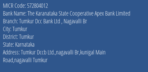 Tumkur District Coop Bank Ltd Nagavalli Br MICR Code