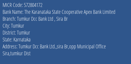 Tumkur District Coop Bank Ltd Sira Br MICR Code