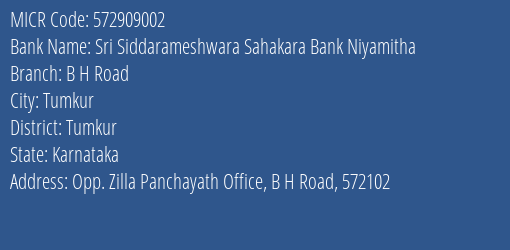 Sri Siddarameshwara Sahakara Bank Niyamitha B H Road MICR Code