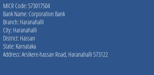 Corporation Bank Haranahalli MICR Code