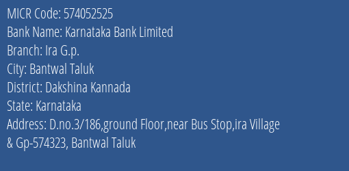 Karnataka Bank Limited Ira G.p. MICR Code