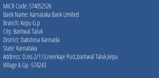 Karnataka Bank Limited Kepu G.p MICR Code
