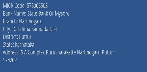 State Bank Of Mysore Narimogaru MICR Code