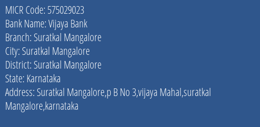 Vijaya Bank Suratkal Mangalore MICR Code