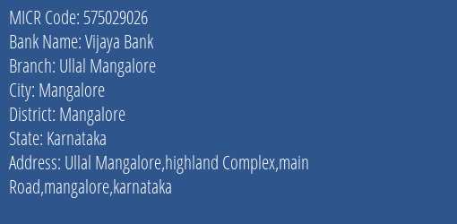 Vijaya Bank Ullal Mangalore MICR Code