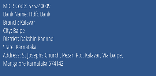 Hdfc Bank Kalavar MICR Code