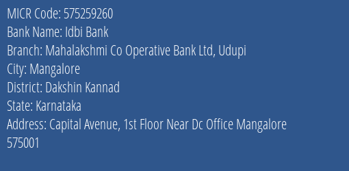 Mahalakshmi Co Operative Bank Ltd Capital Avenue MICR Code