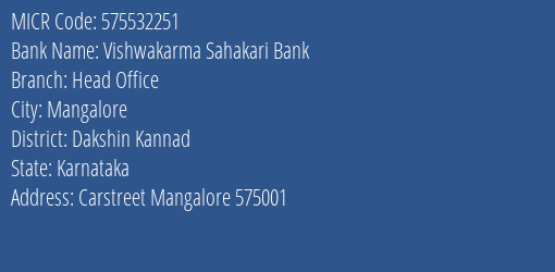 Vishwakarma Sahakari Bank Head Office MICR Code