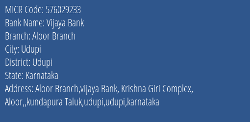 Vijaya Bank Aloor Branch Branch Address Details and MICR Code 576029233