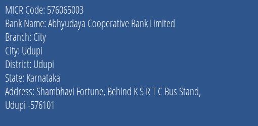 Abhyudaya Cooperative Bank Limited City MICR Code