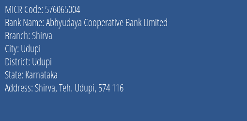 Abhyudaya Cooperative Bank Limited Shirva MICR Code