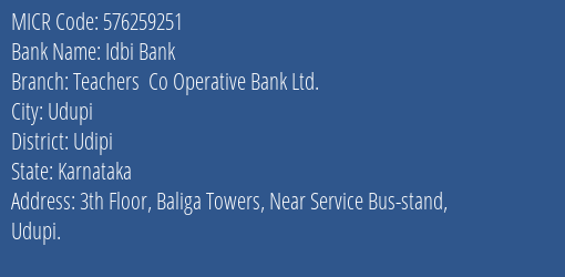 Teachers Co Operative Bank Ltd Baliga Towers MICR Code