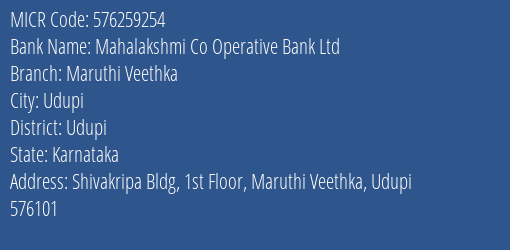 Mahalakshmi Co Operative Bank Ltd Maruthi Veethka MICR Code