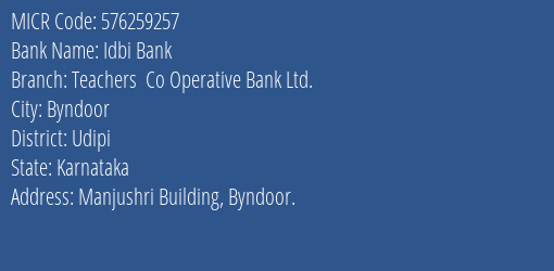 Teachers Co Operative Bank Ltd Byndoor MICR Code