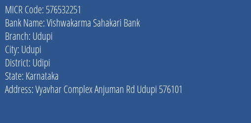 Vishwakarma Sahakari Bank Udupi MICR Code