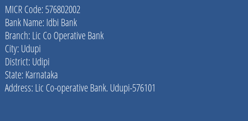 Lic Co Operative Bank Udupi MICR Code