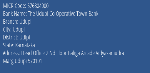 The Udupi Co Operative Town Bank Udupi MICR Code