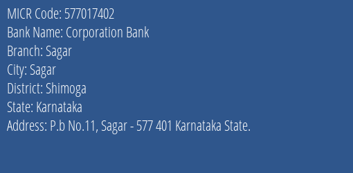 Corporation Bank Sagar MICR Code