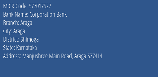 Corporation Bank Araga MICR Code