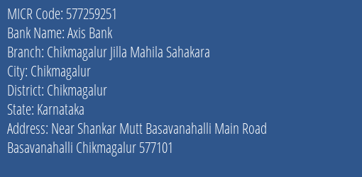Chikmagalur Jilla Mahila Sahakara Main Road MICR Code