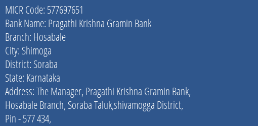 Pragathi Krishna Gramin Bank Hosabale MICR Code