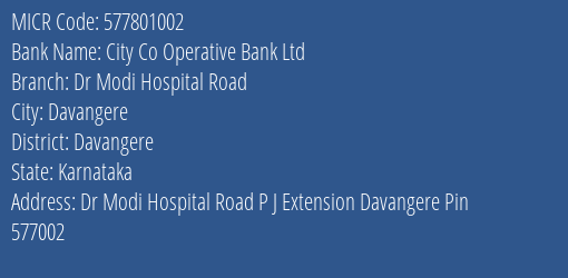City Co Operative Bank Ltd Dr Modi Hospital Road MICR Code