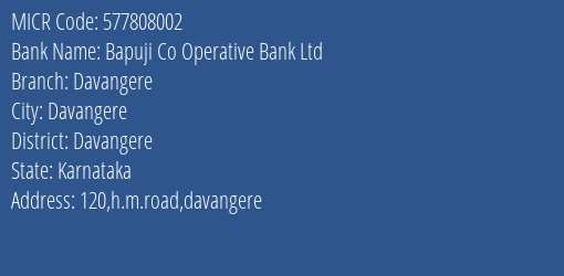 Bapuji Co Operative Bank Ltd Davangere MICR Code