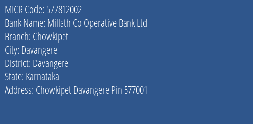 Millath Co Operative Bank Ltd Chowkipet MICR Code