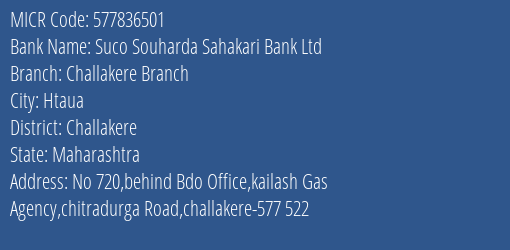 Suco Souharda Sahakari Bank Ltd Challakere Branch MICR Code