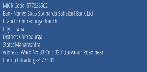 Suco Souharda Sahakari Bank Ltd Chitradurga Branch MICR Code