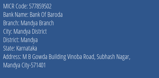 Bank Of Baroda Mandya Branch MICR Code
