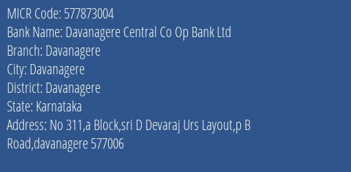 Davanagere Central Co Op Bank Ltd Davanagere MICR Code