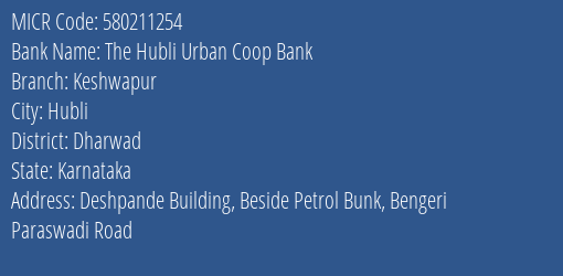 The Hubli Urban Coop Bank Keshwapur MICR Code
