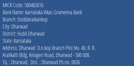 Karnataka Vikas Grameena Bank Doddanaikankop MICR Code